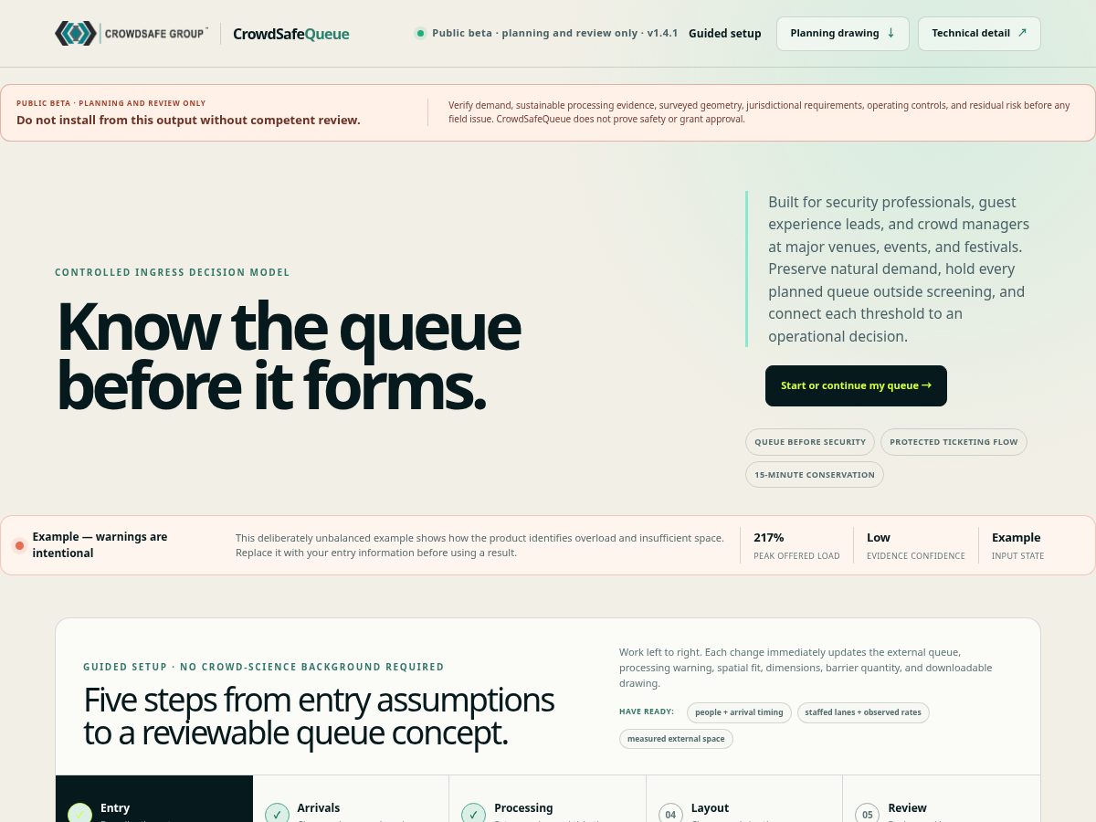 Landing-page snapshot of crowdsafequeue.com