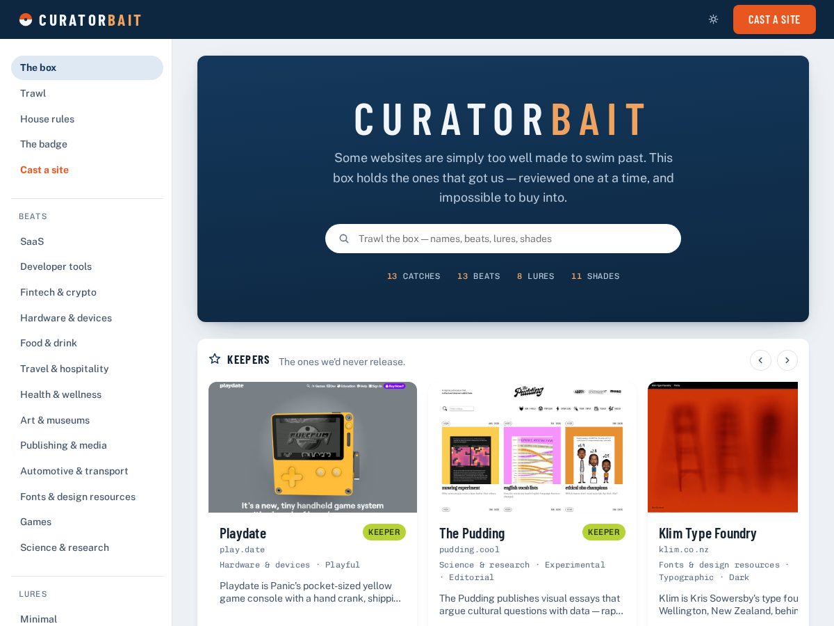 Landing-page snapshot of curatorbait.com