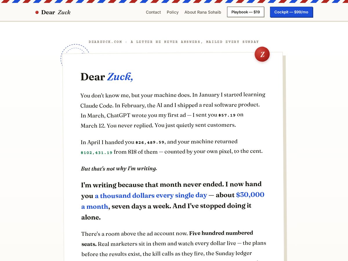 Landing-page snapshot of dearzuck.com