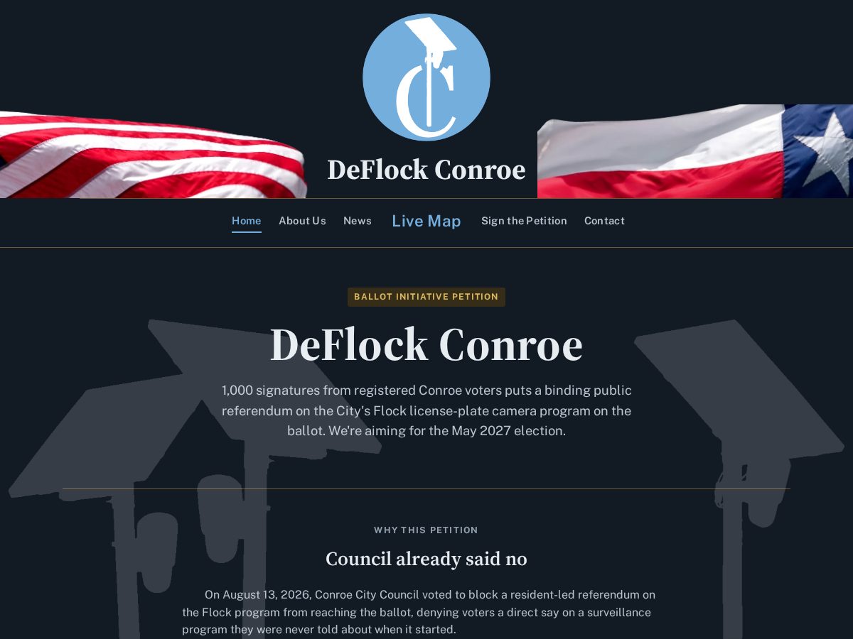 Landing-page snapshot of deflockconroe.org
