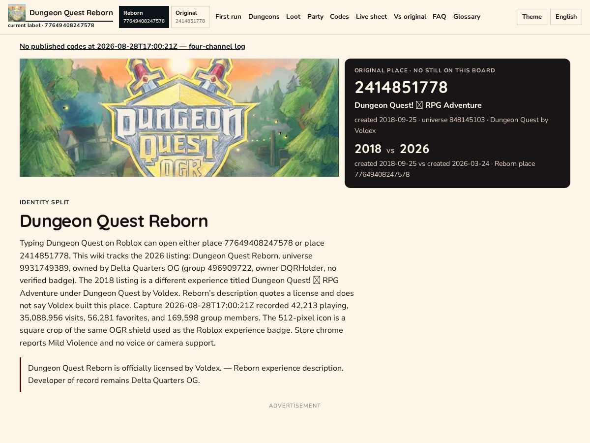 Landing-page snapshot of dungeonquestreborn.info