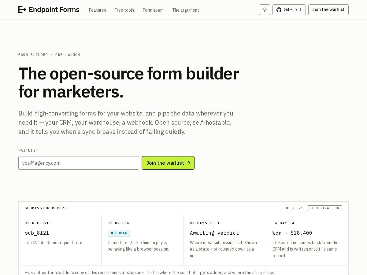 Landing-page snapshot of endpointforms.com