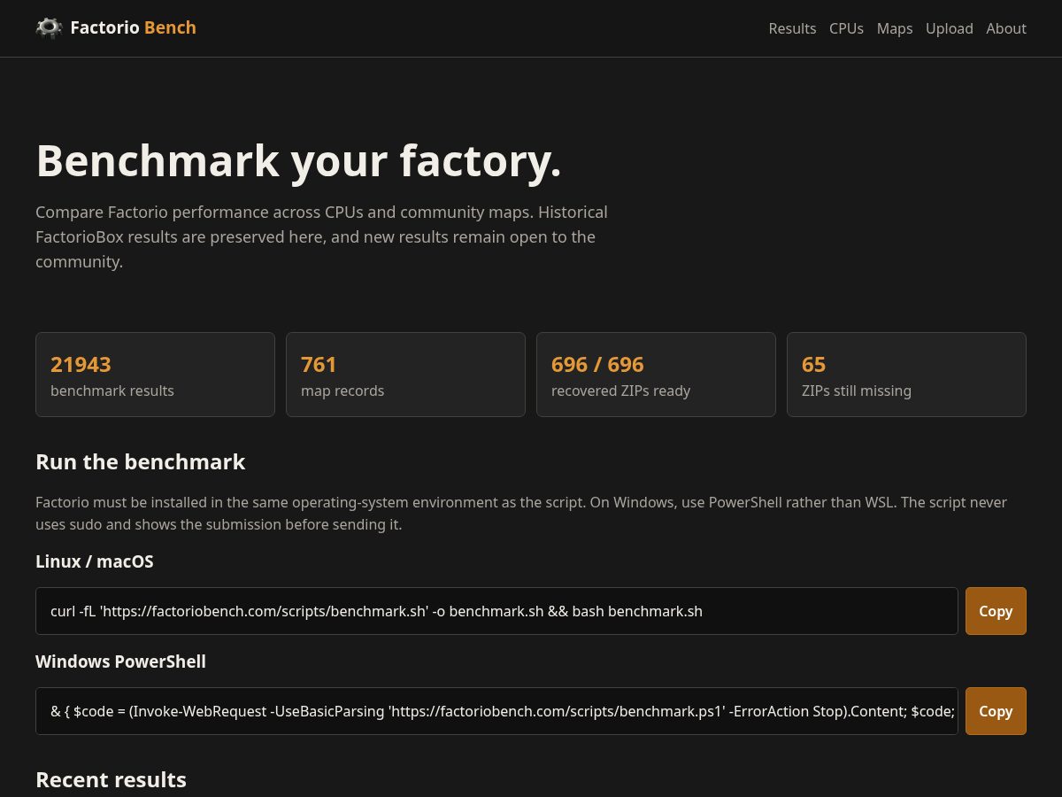 Landing-page snapshot of factoriobench.com
