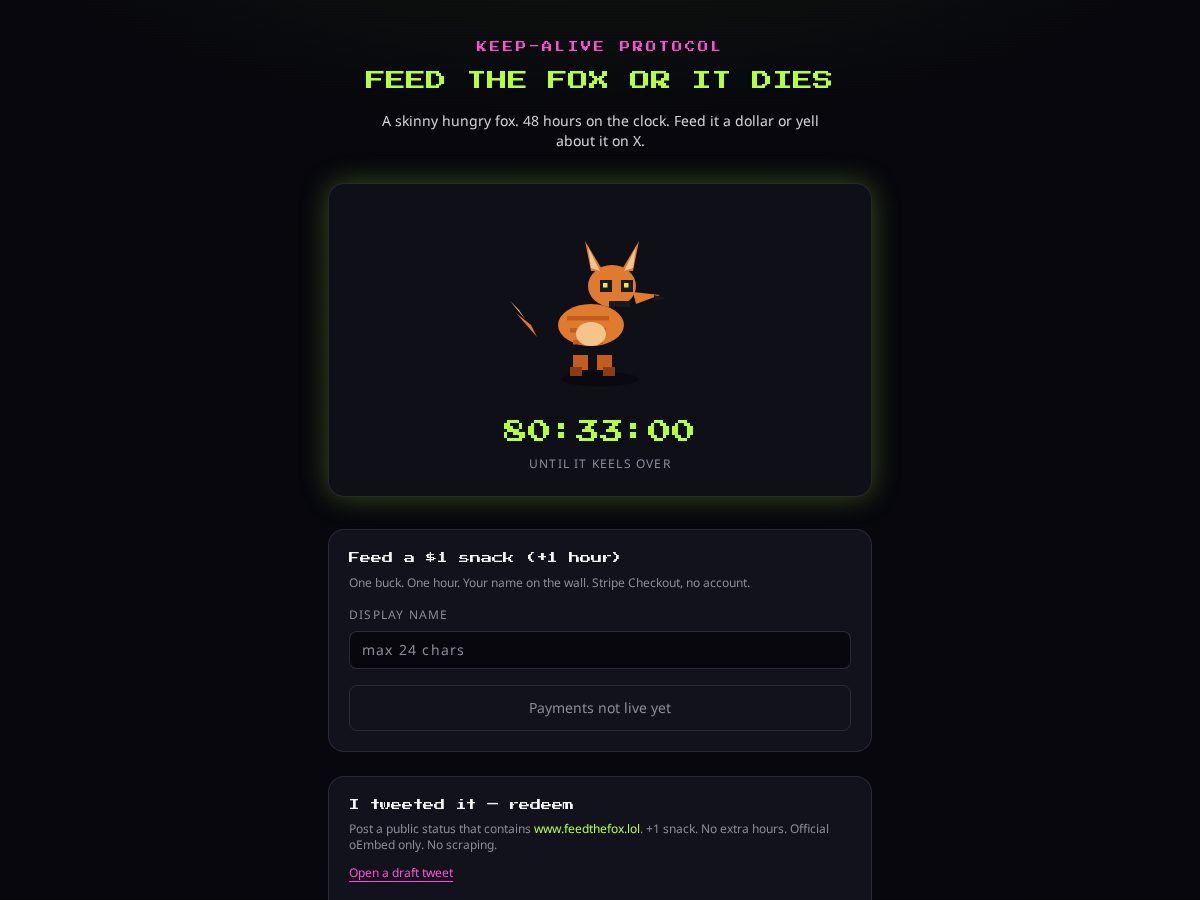 Landing-page snapshot of feedthefox.lol