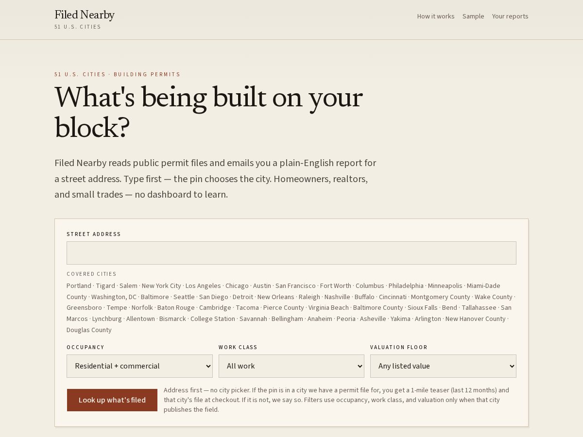 Landing-page snapshot of filednearby.com
