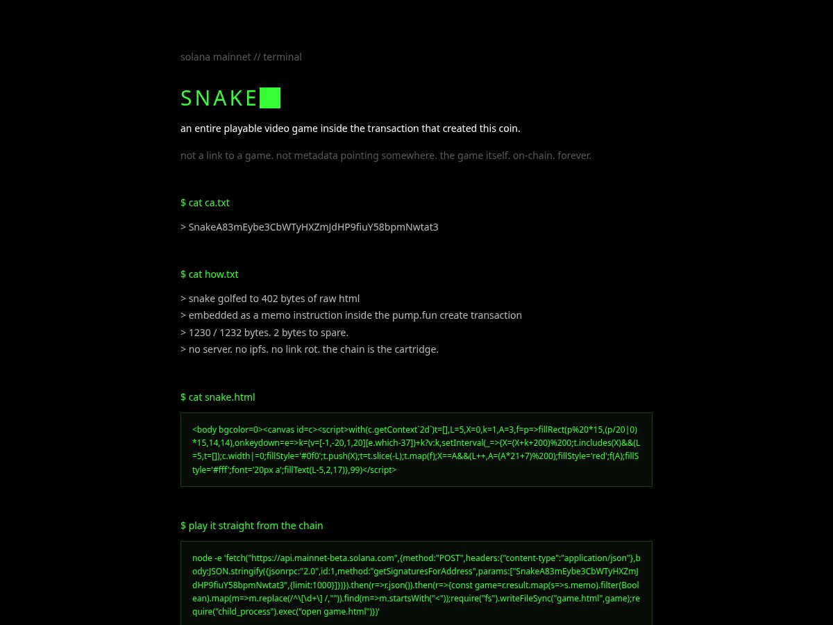 Landing-page snapshot of firstsnakeonsol.fun