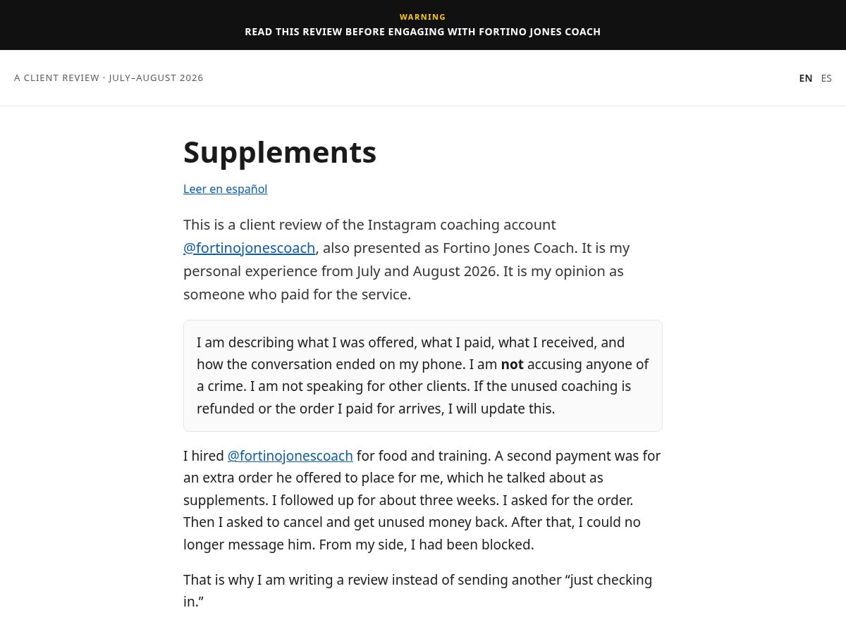 Landing-page snapshot of fortinojonescoach.pro