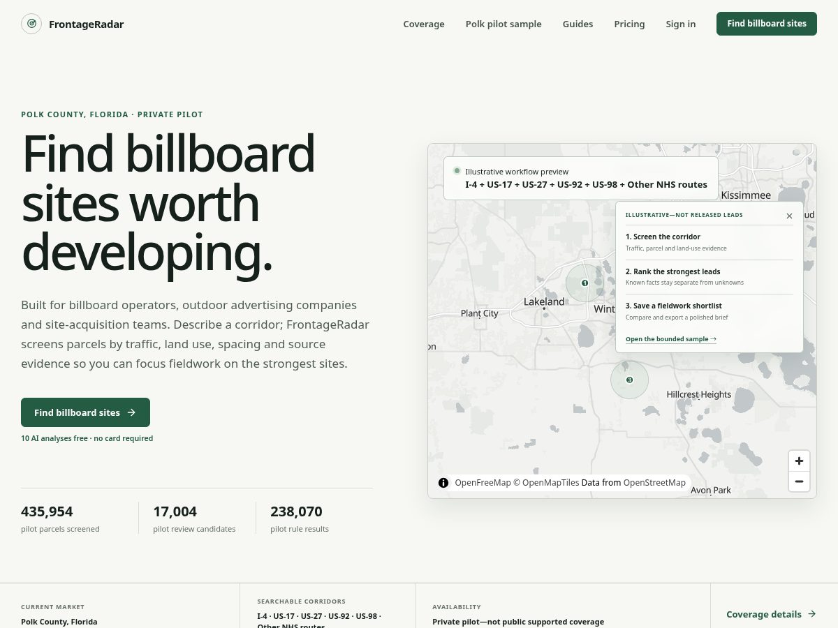Landing-page snapshot of frontageradar.com