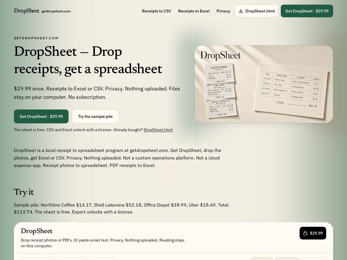 Landing-page snapshot of getdropsheet.com