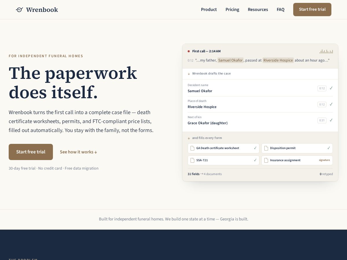 Landing-page snapshot of getwrenbook.com