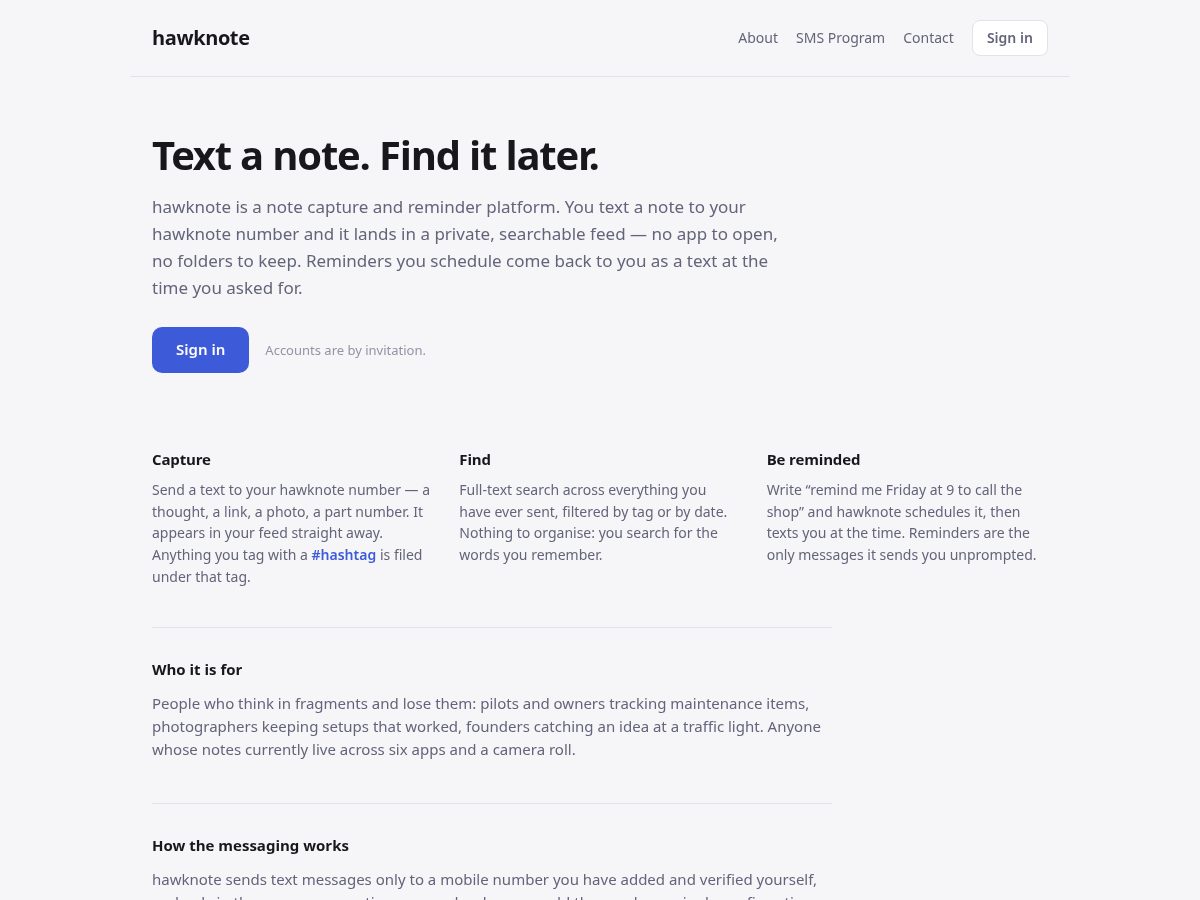 Landing-page snapshot of hawknote.net