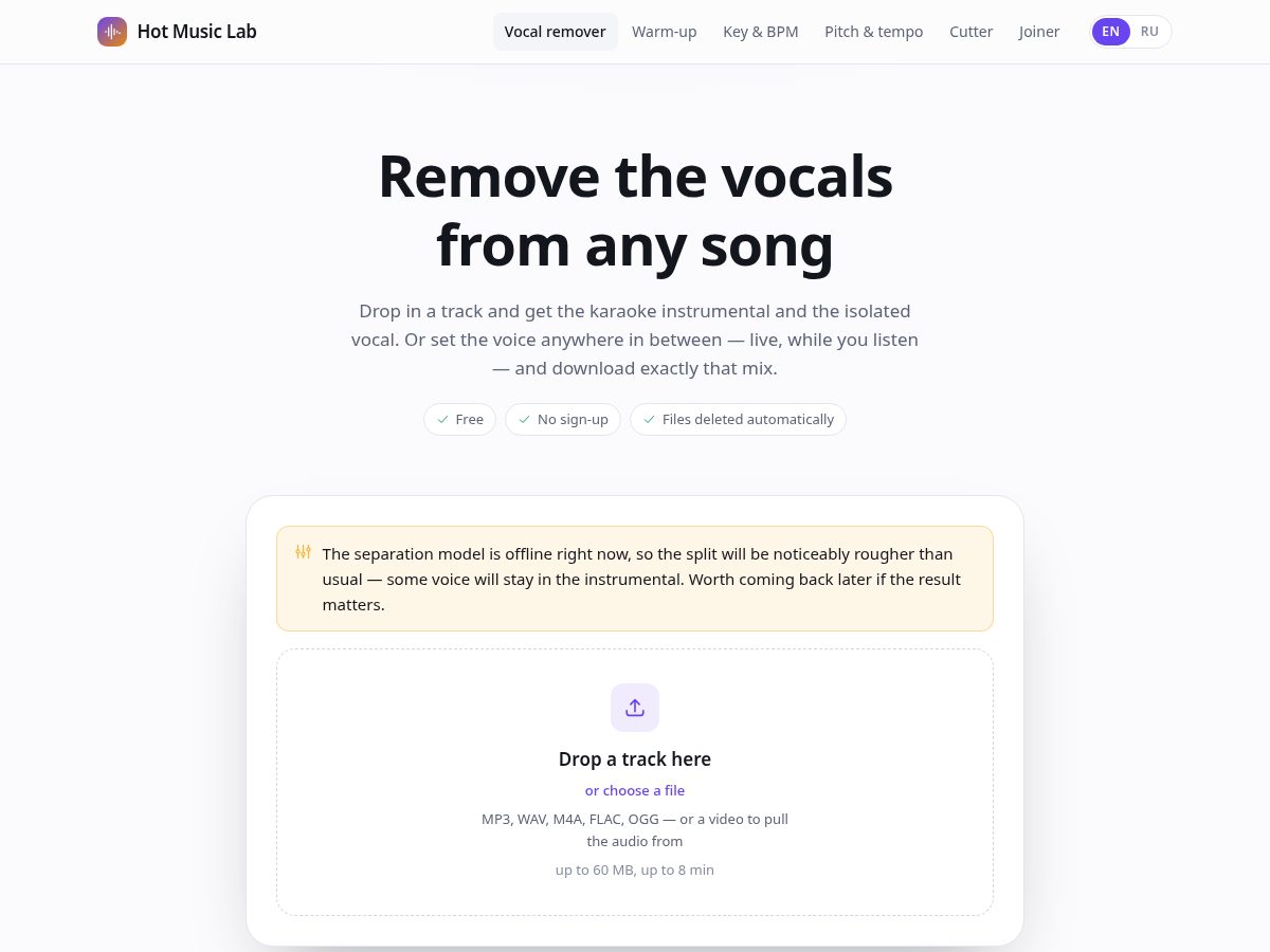 Landing-page snapshot of hotmusiclab.com