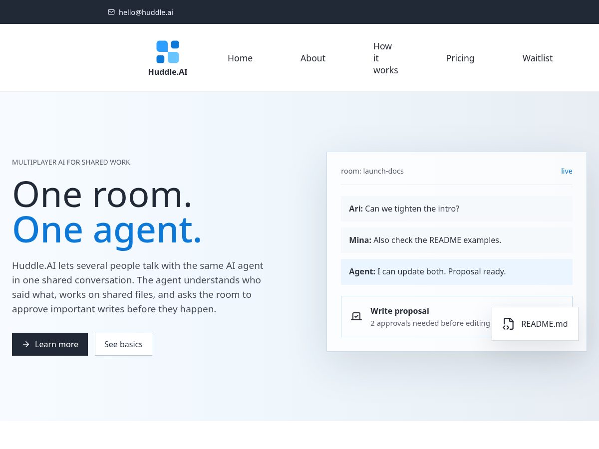 Landing-page snapshot of huddleai.org