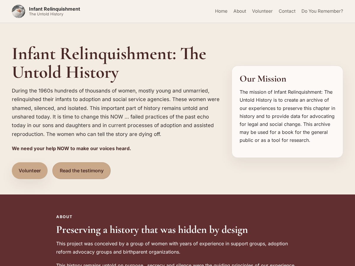 Landing-page snapshot of infantrelinquishmenthistory.org