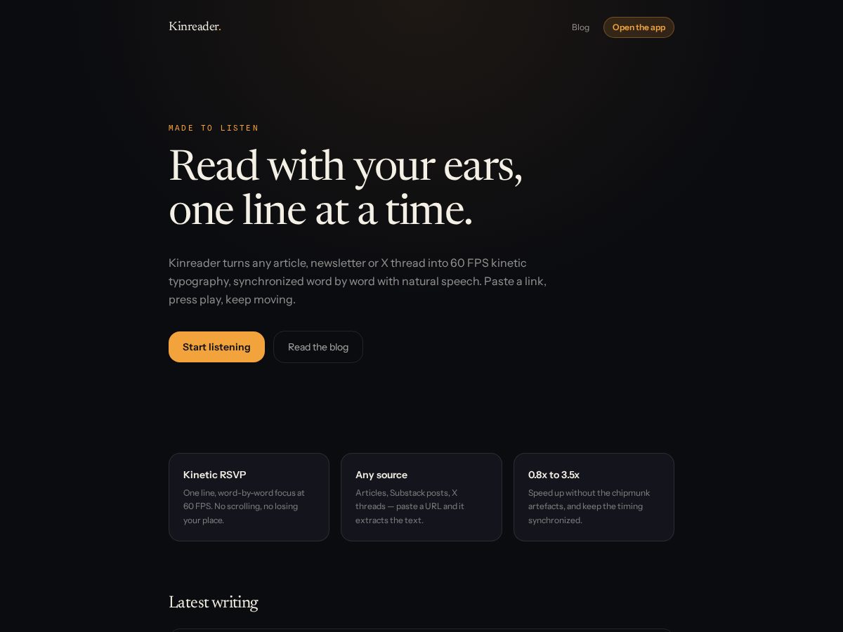 Landing-page snapshot of kinreader.com