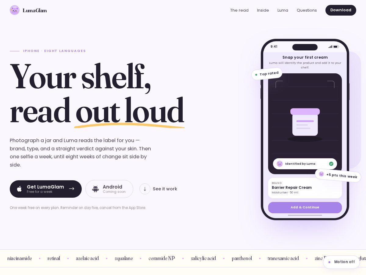 Landing-page snapshot of lumaglam.app