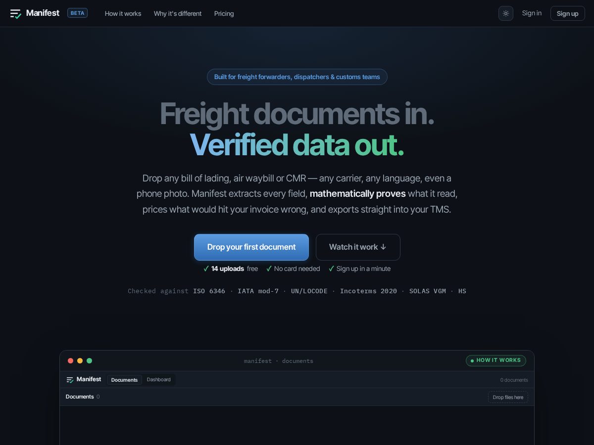 Landing-page snapshot of manifestdocs.com