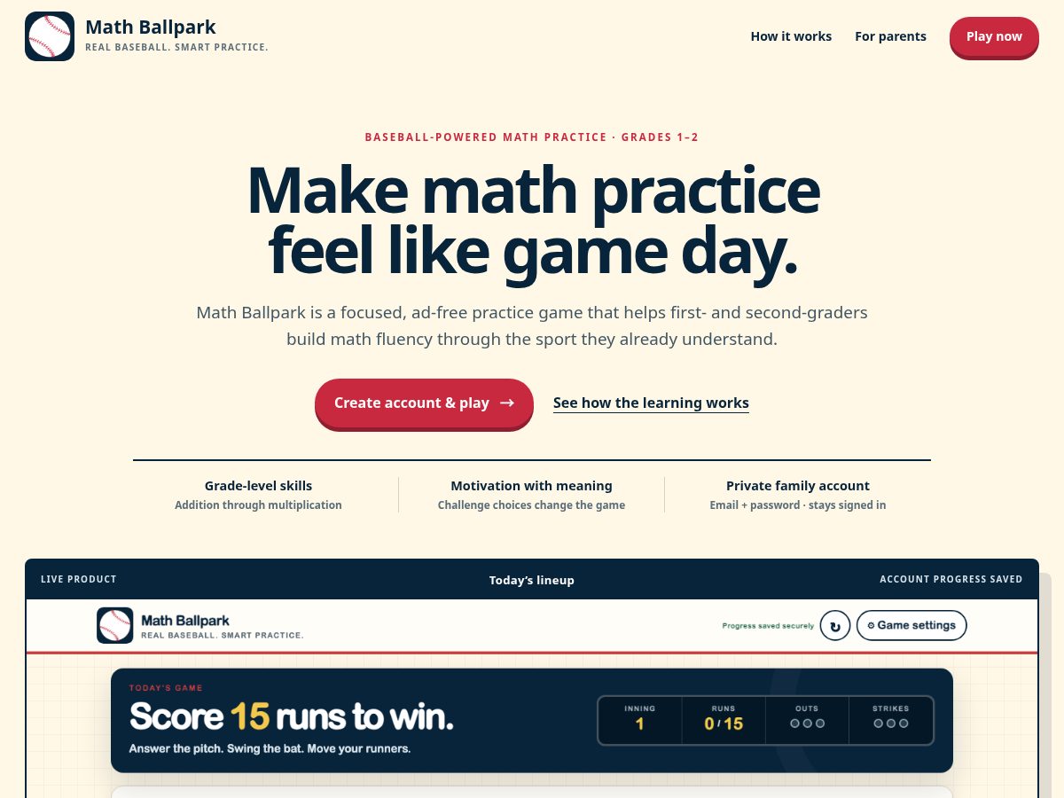 Landing-page snapshot of mathballpark.com