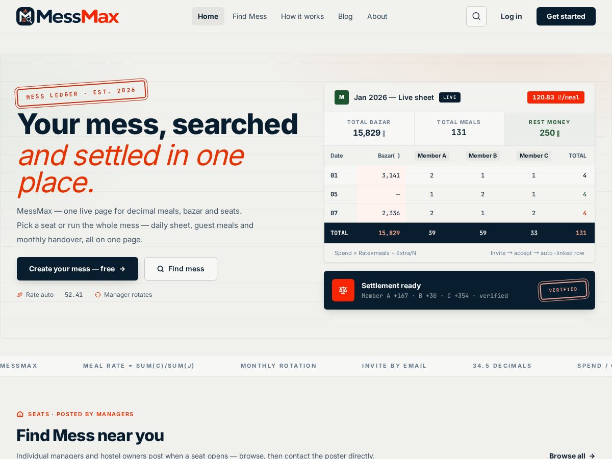 Landing-page snapshot of messmanager.tech