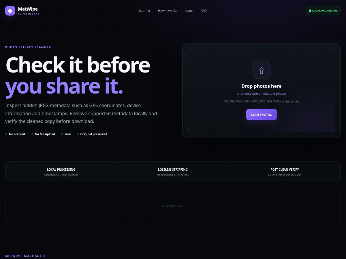 Landing-page snapshot of metwipe.com