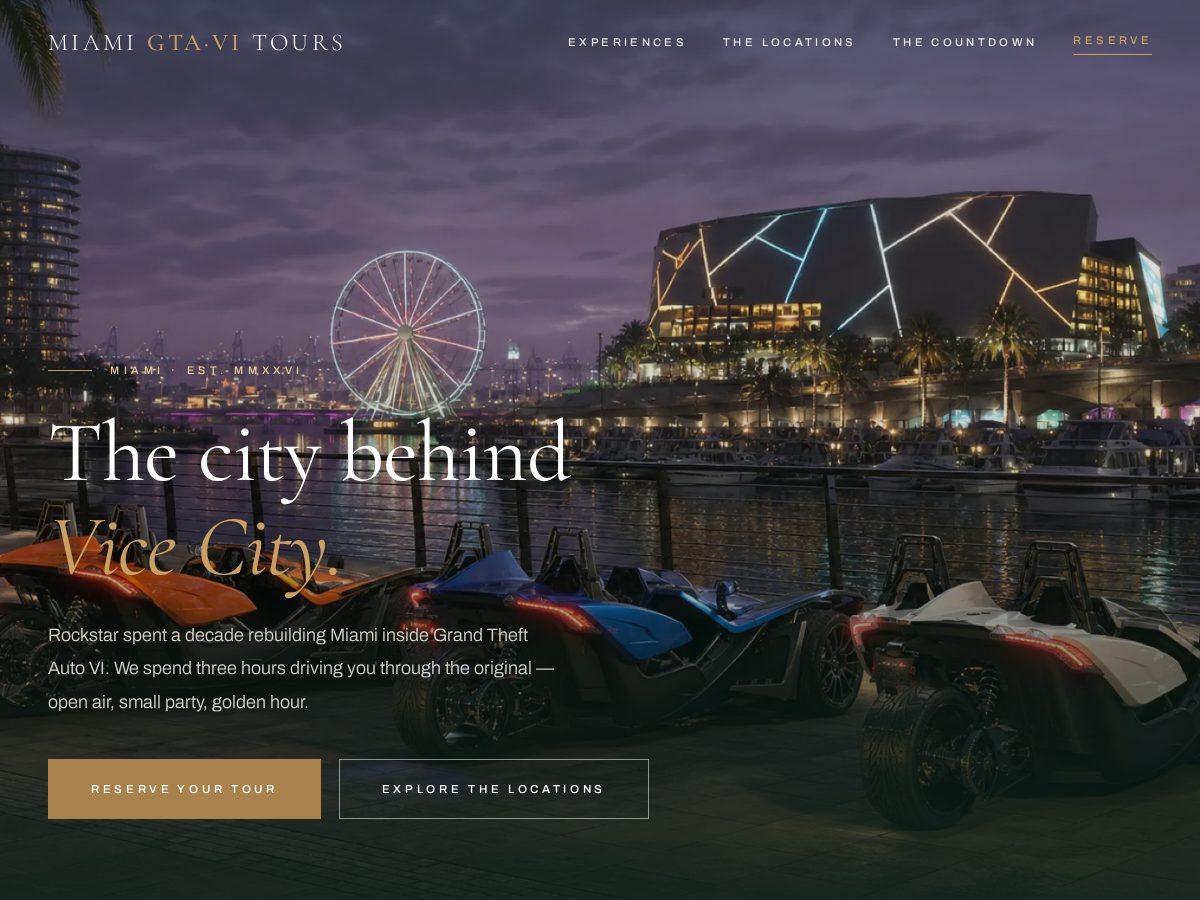 Landing-page snapshot of miamigta6tours.com