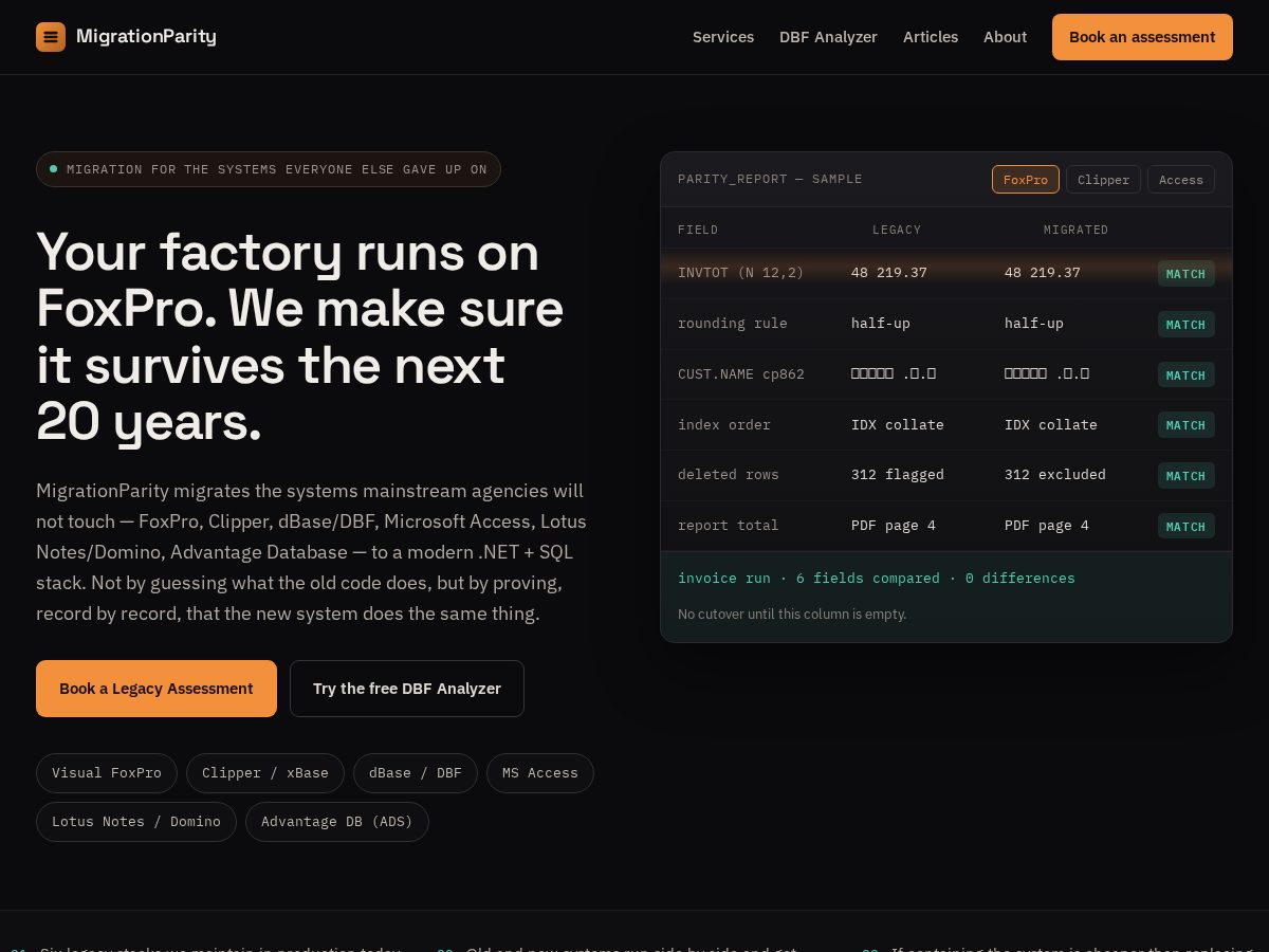 Landing-page snapshot of migrationparity.com