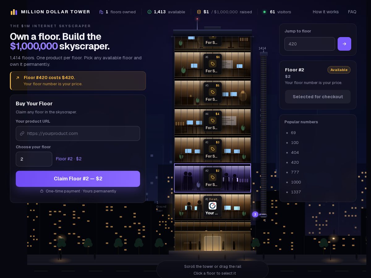 Landing-page snapshot of milliondollartower.lol