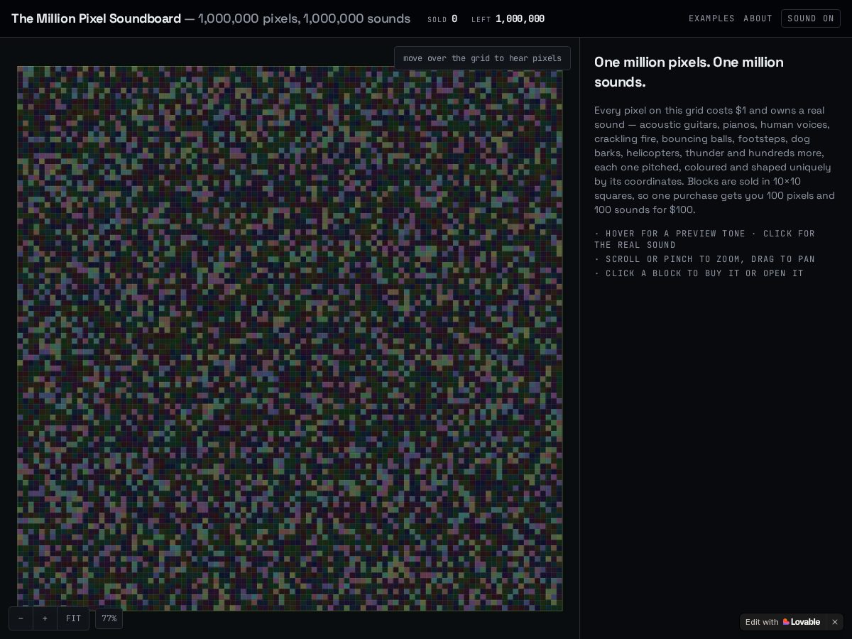 Landing-page snapshot of millionpixelsongs.com
