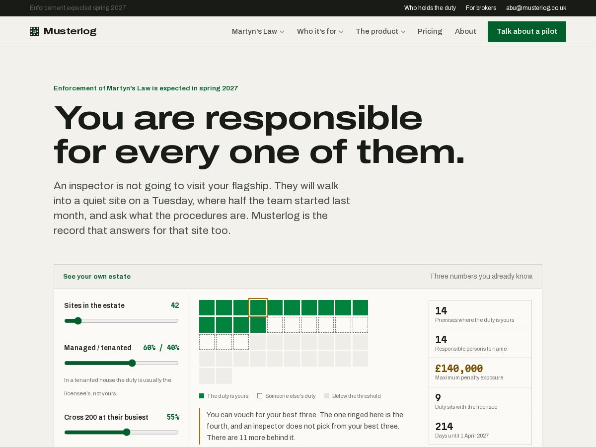 Landing-page snapshot of musterlog.com