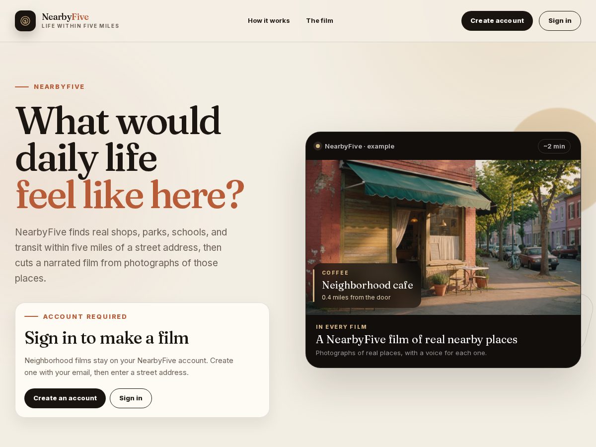 Landing-page snapshot of nearbyfive.com