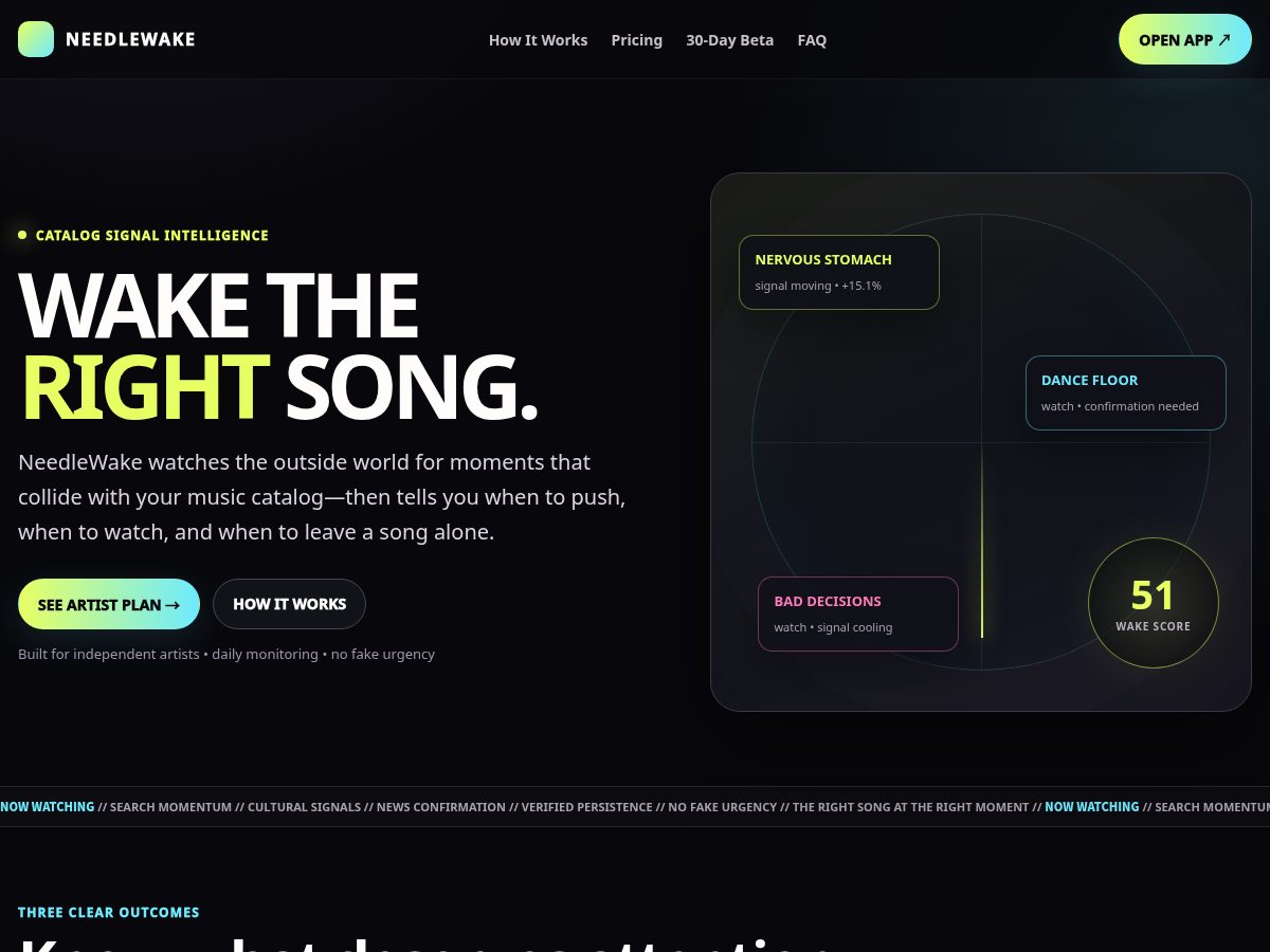 Landing-page snapshot of needlewake.com