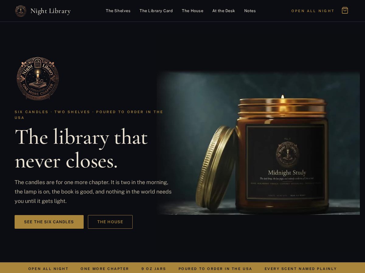 Landing-page snapshot of nightlibrarycandles.com