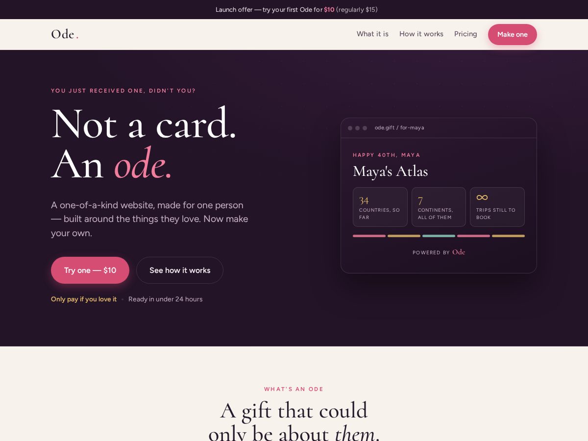 Landing-page snapshot of ode.gift
