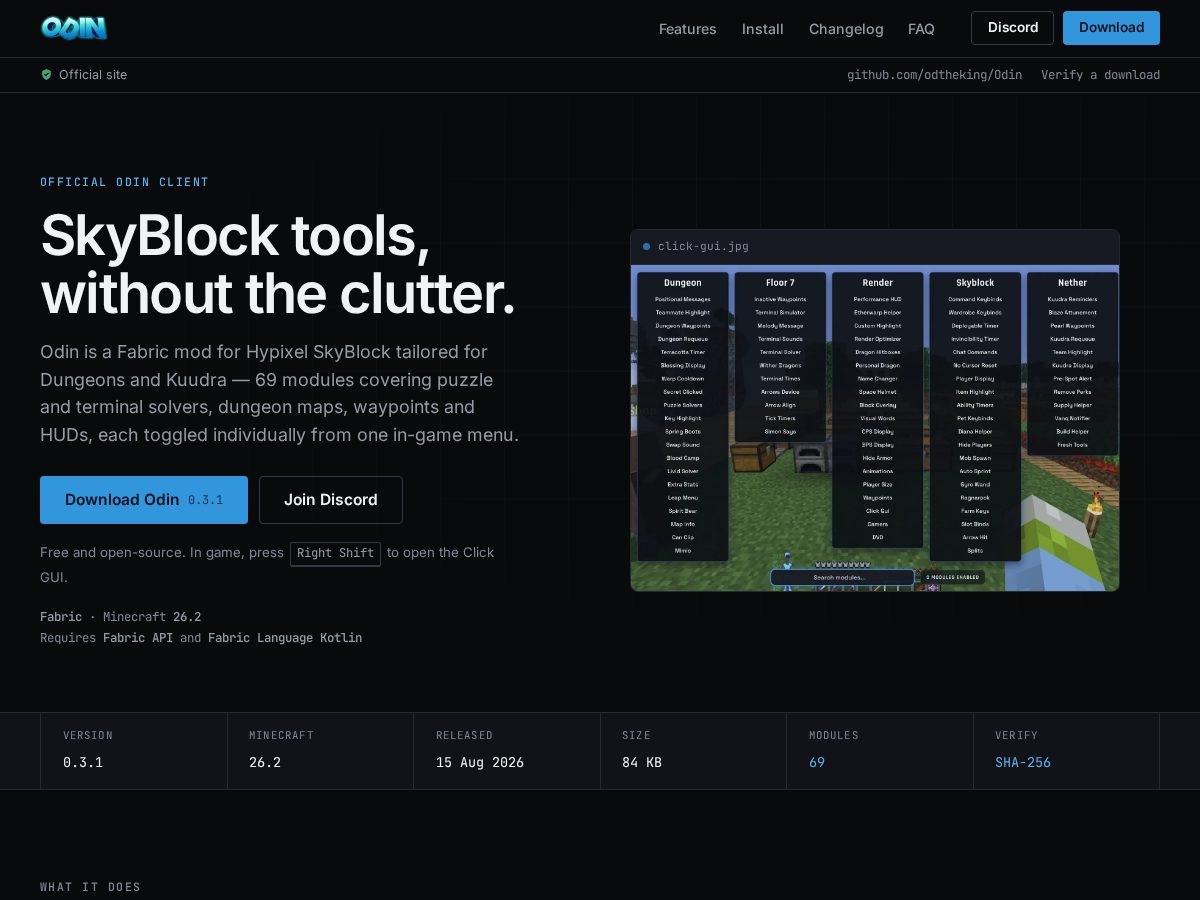 Landing-page snapshot of odinclient.dev