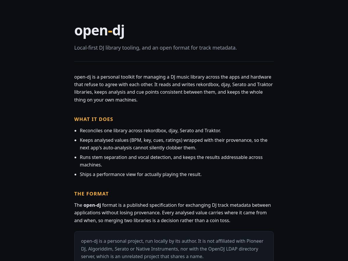 Landing-page snapshot of open-dj.com