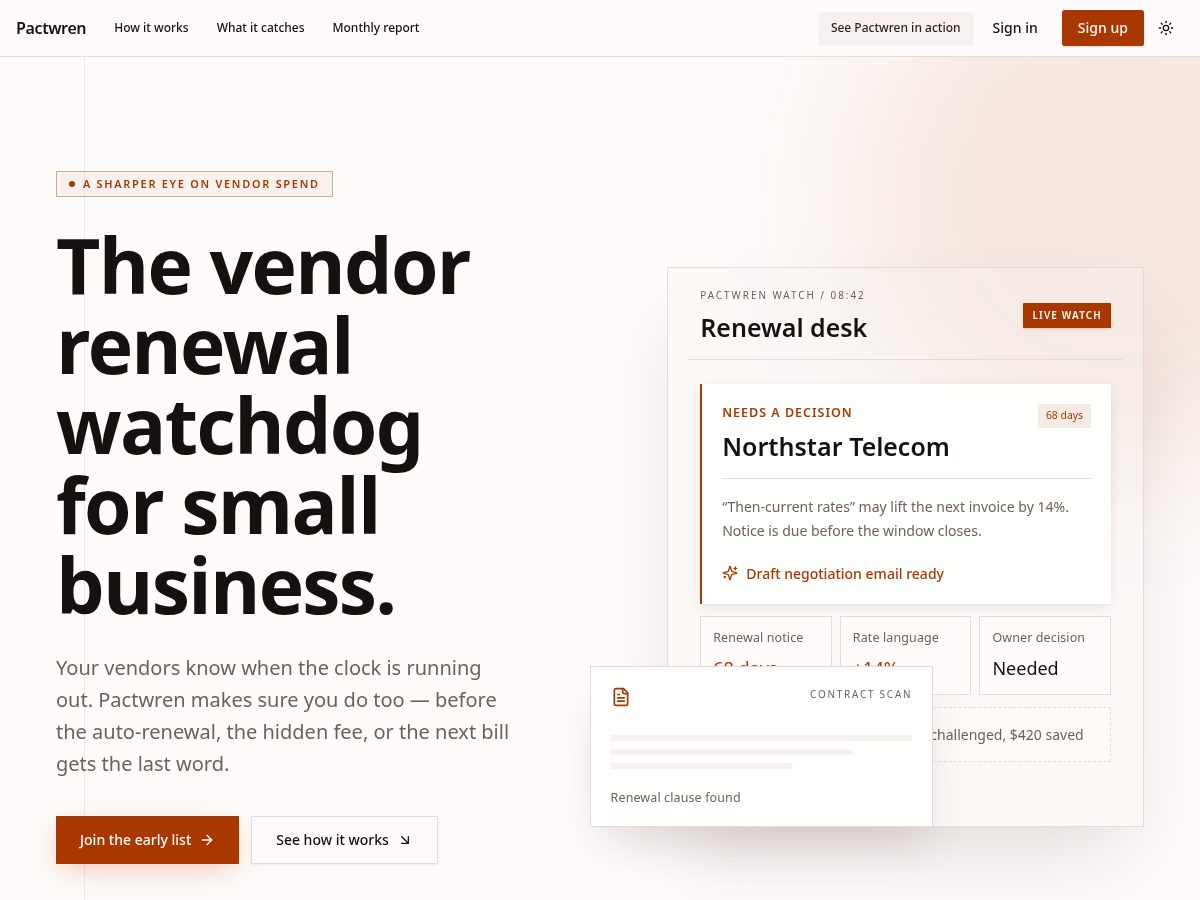 Landing-page snapshot of pactwren.com