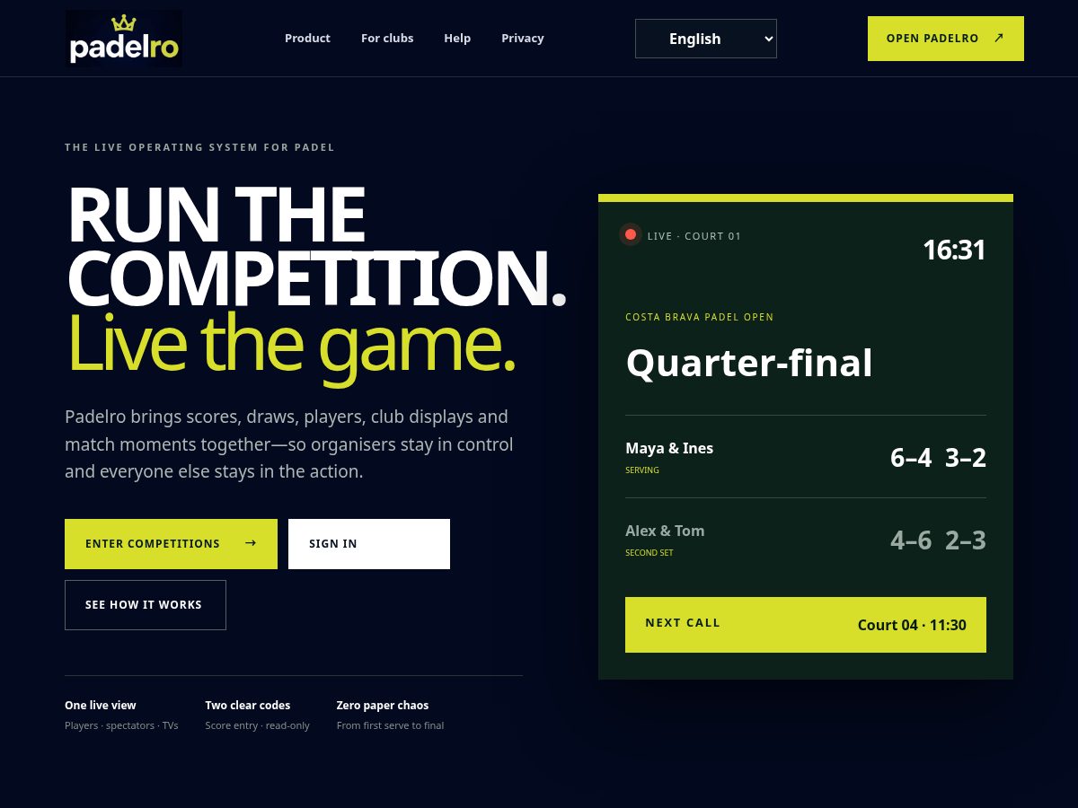 Landing-page snapshot of padelro.com