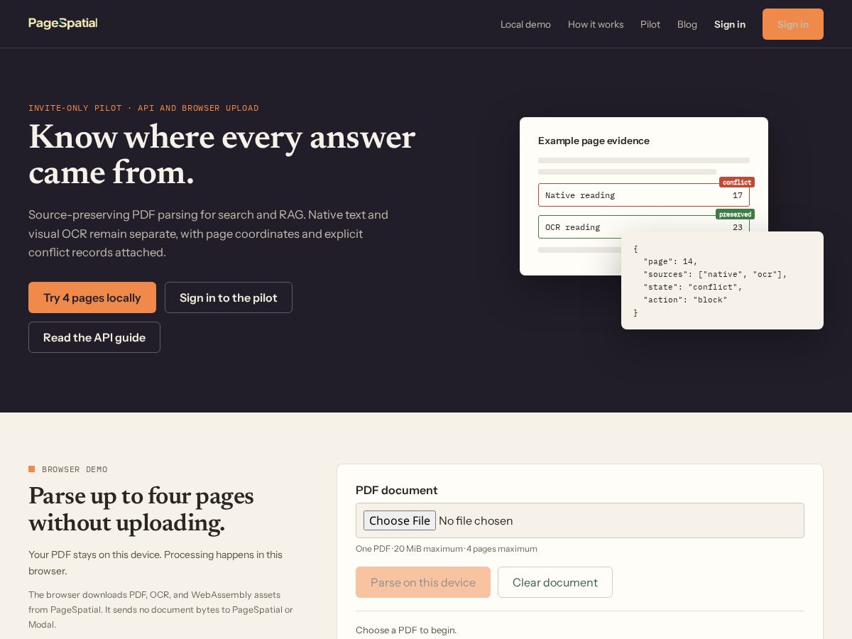 Landing-page snapshot of pagespatial.dev