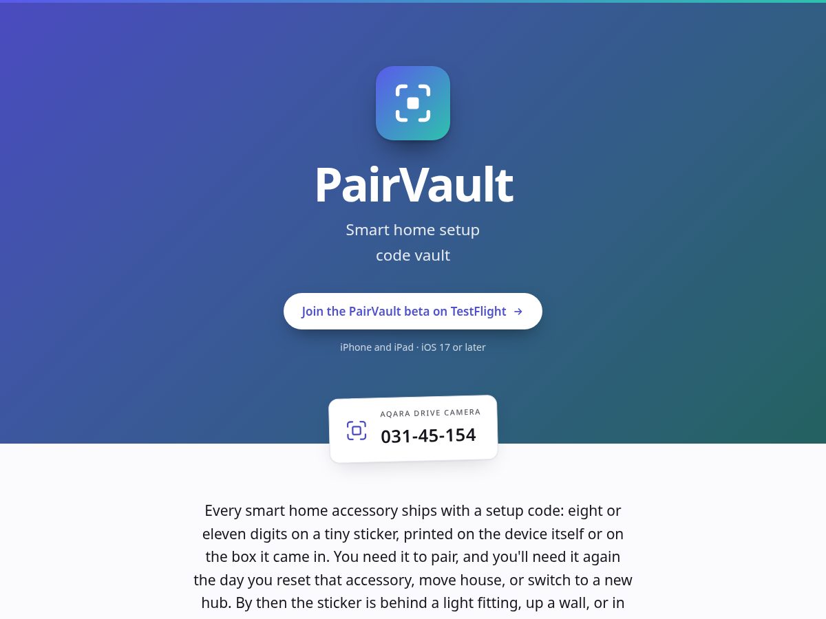 Landing-page snapshot of pairvault.app