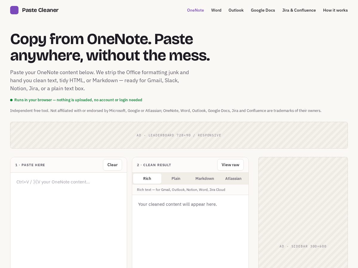 Landing-page snapshot of paste-cleaner.com