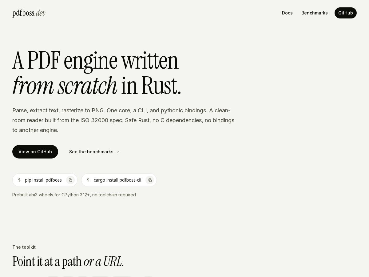 Landing-page snapshot of pdfboss.dev