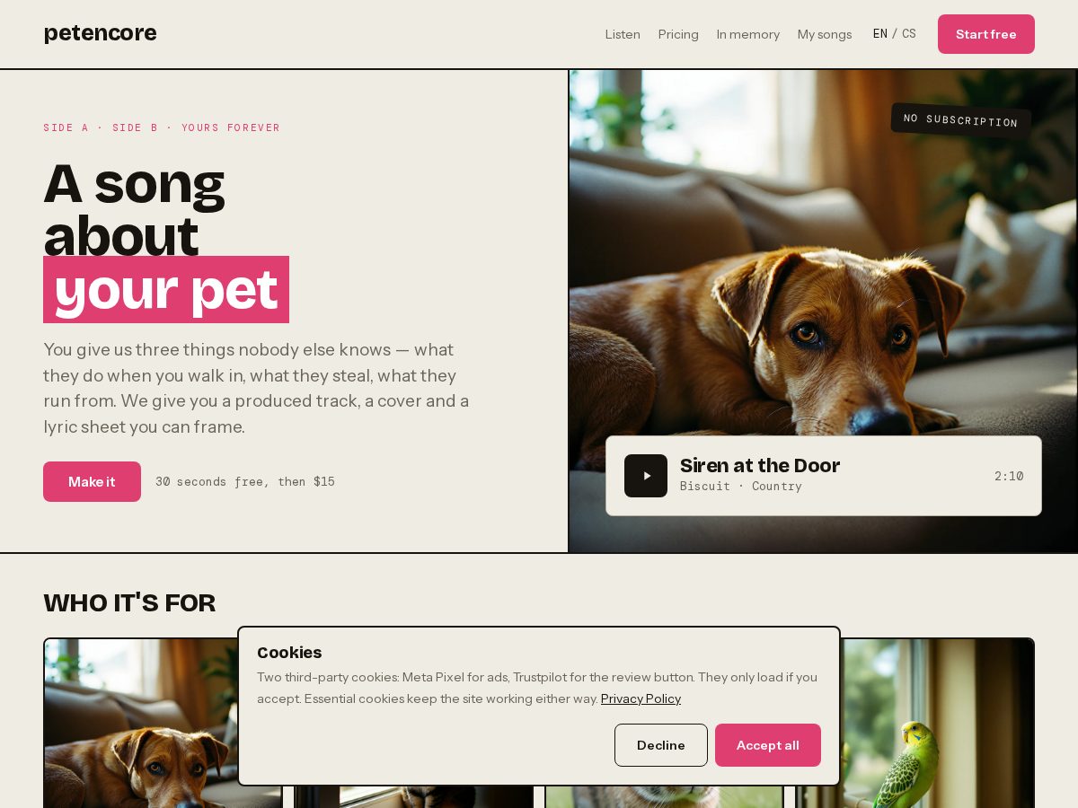 Landing-page snapshot of petencore.com