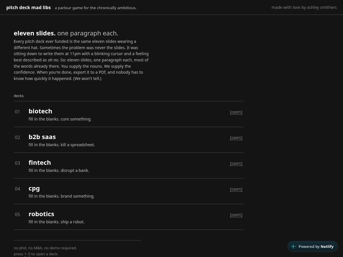 Landing-page snapshot of pitchdeckmadlibs.com