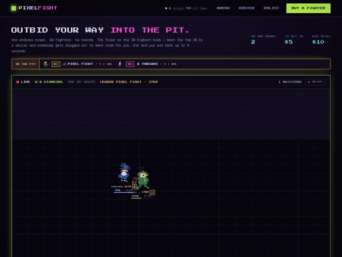 Landing-page snapshot of pixelfight.lol