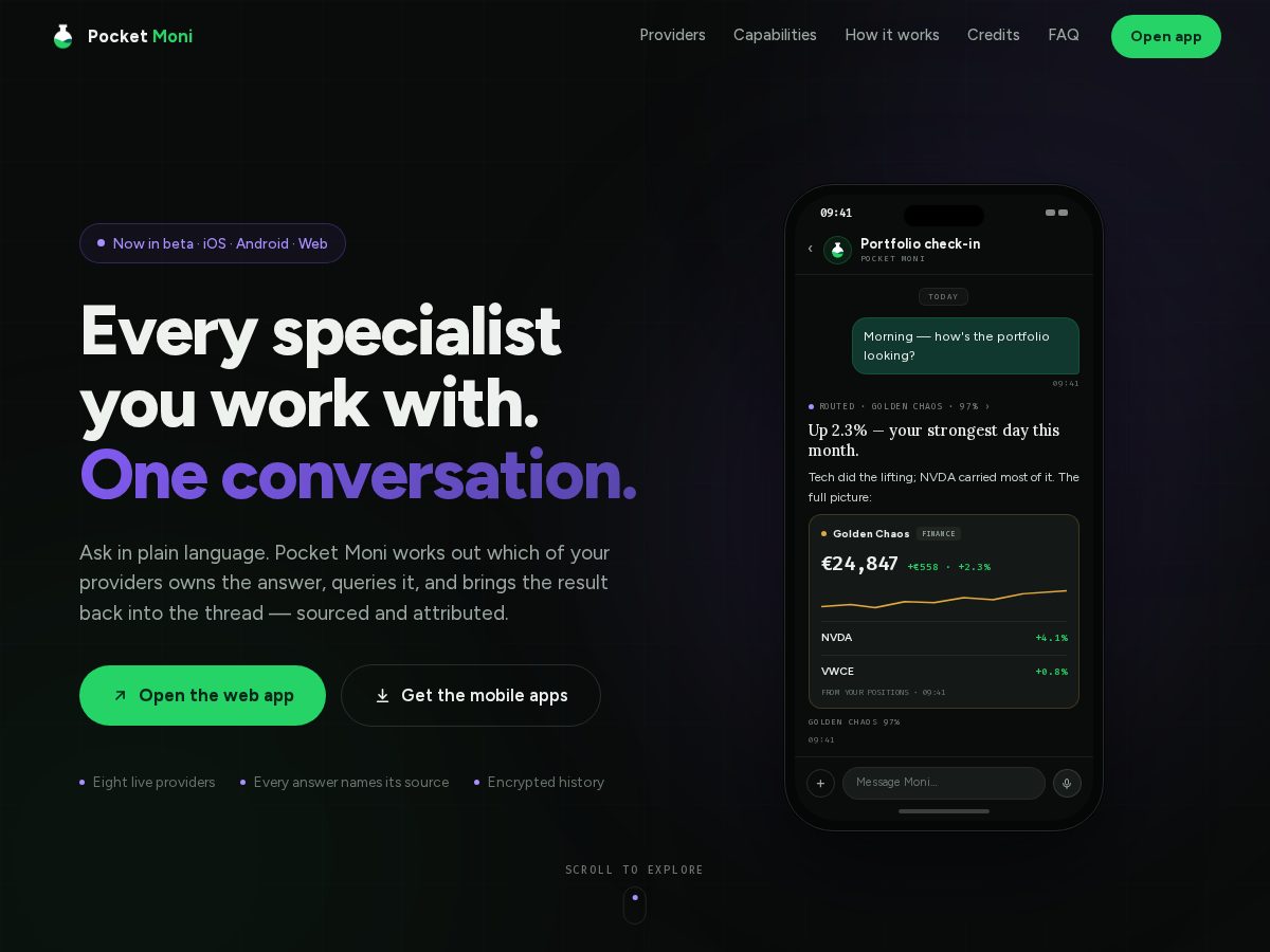Landing-page snapshot of pocketmoni.chat