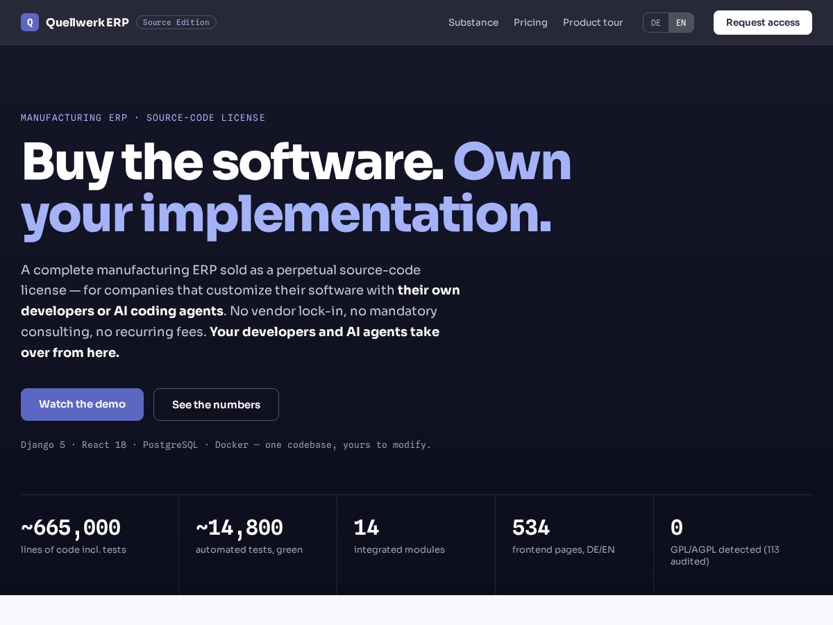Landing-page snapshot of quellwerk-erp.com