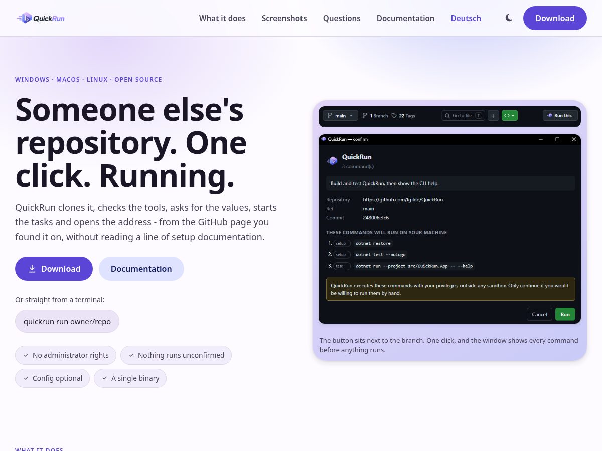 Landing-page snapshot of quickrun.org