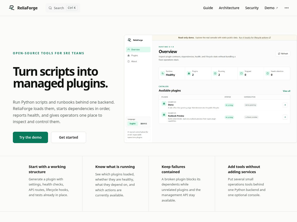Landing-page snapshot of reliaforge.dev