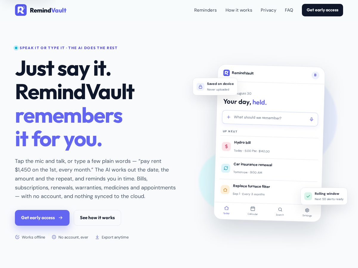 Landing-page snapshot of remindvault.app