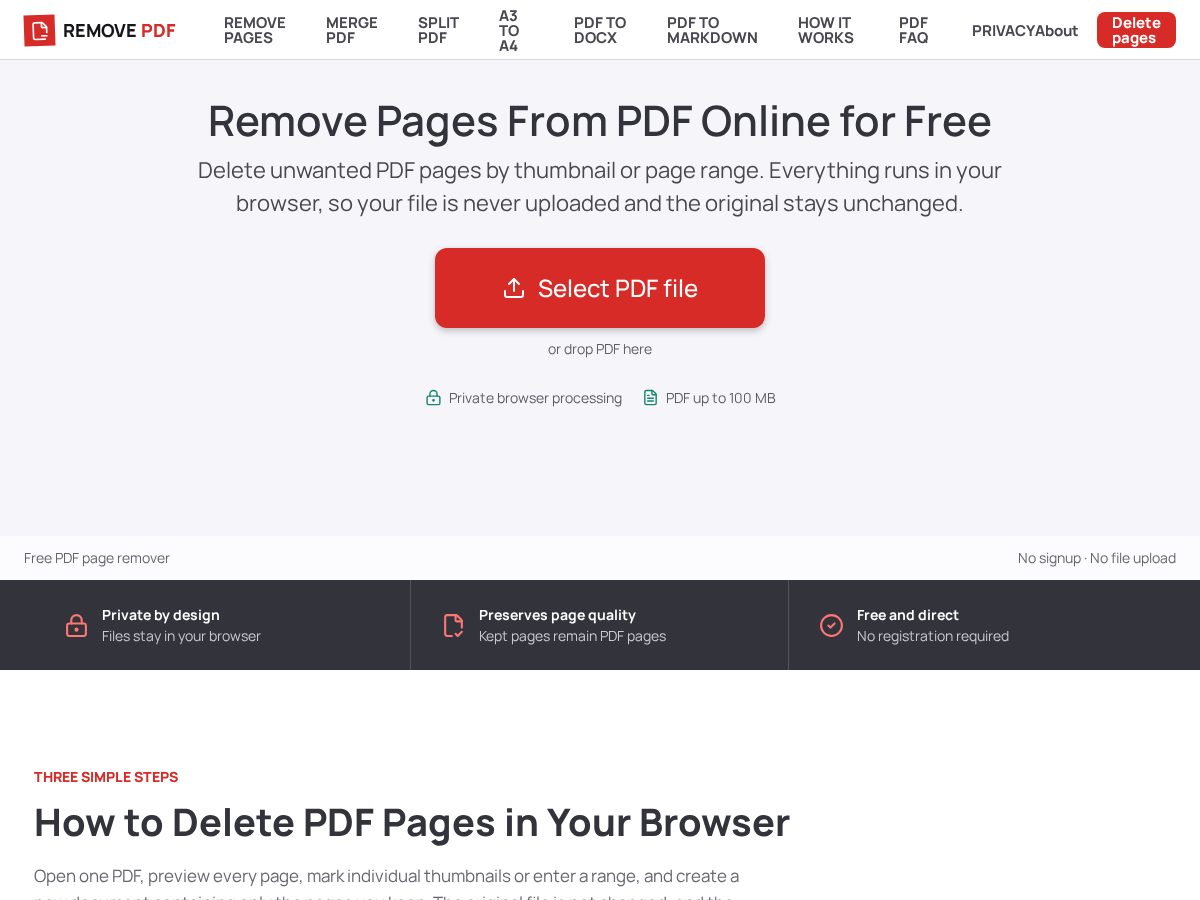 Landing-page snapshot of removepdf.com